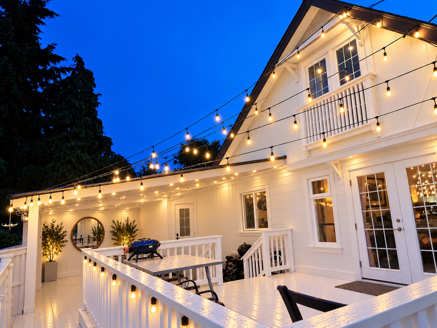 Back of white house with beautiful light array